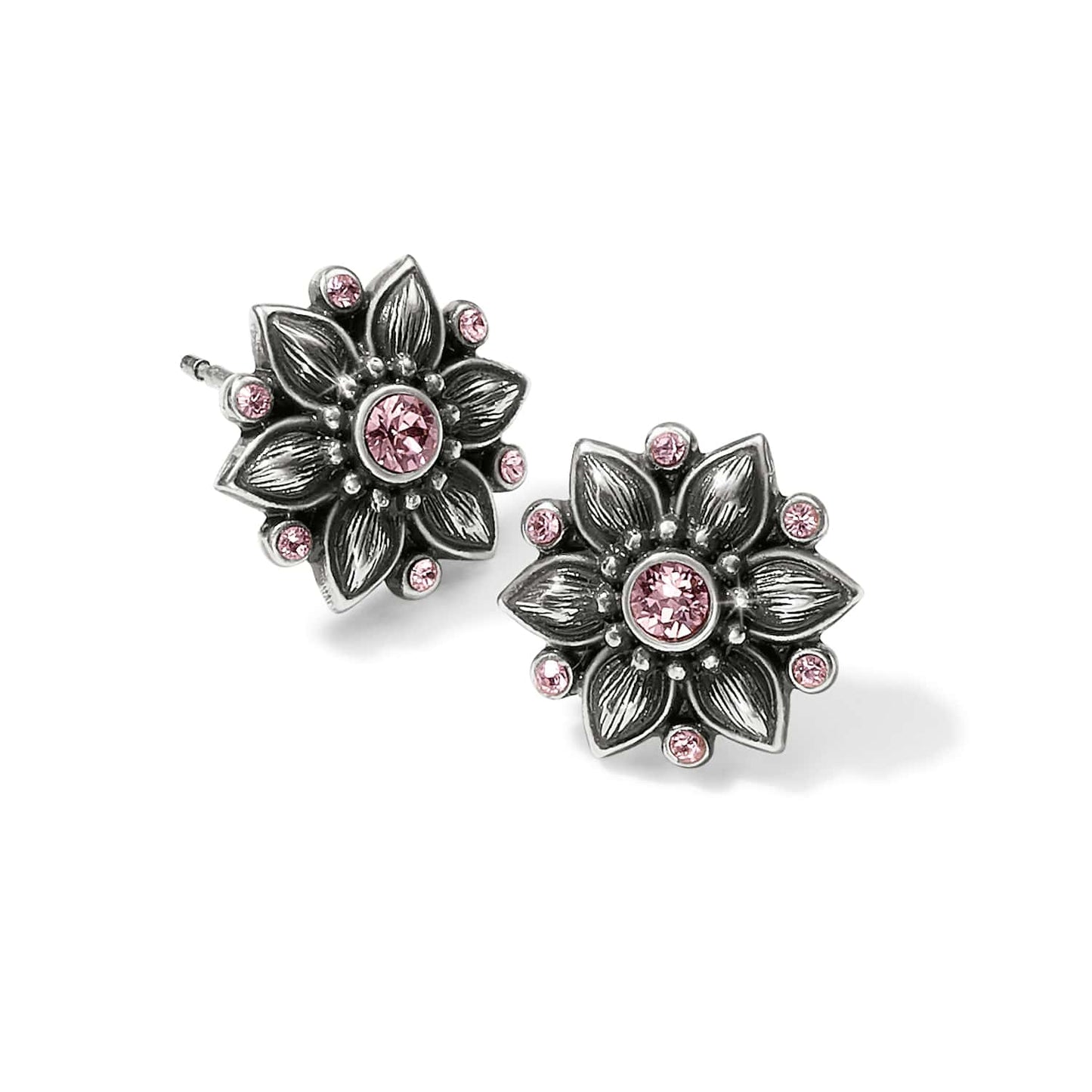 Brighton stud earrings with silver-plated floral design and pink crystal accents on a white background