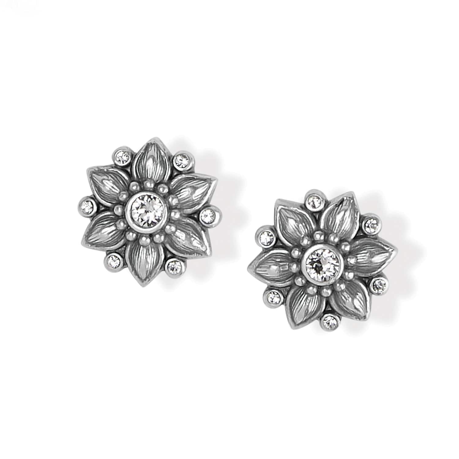 Brighton stud earrings with silver-plated floral design and crystal accents around a central crystal on a white background