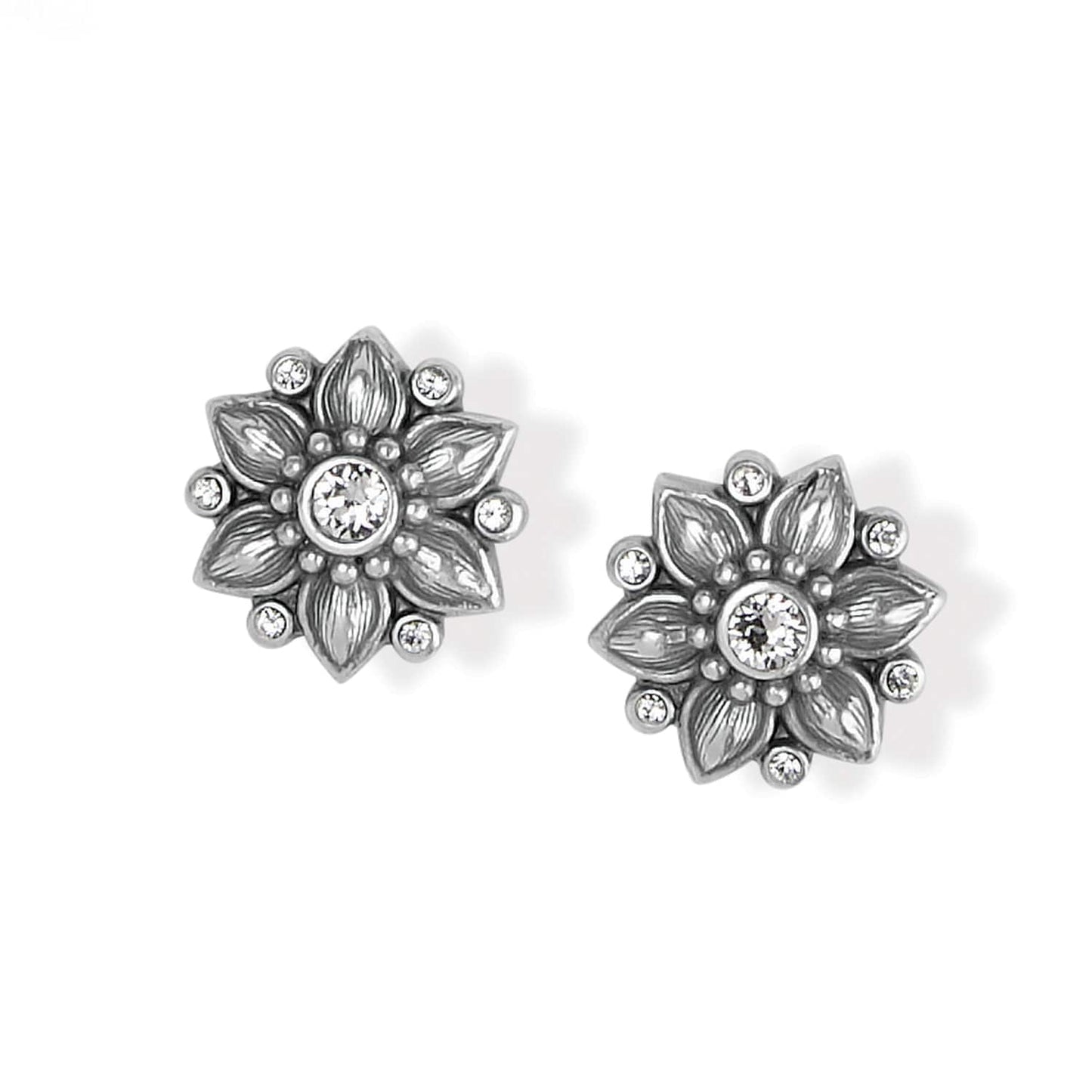 Brighton stud earrings with silver-plated floral design and crystal accents around a central crystal on a white background