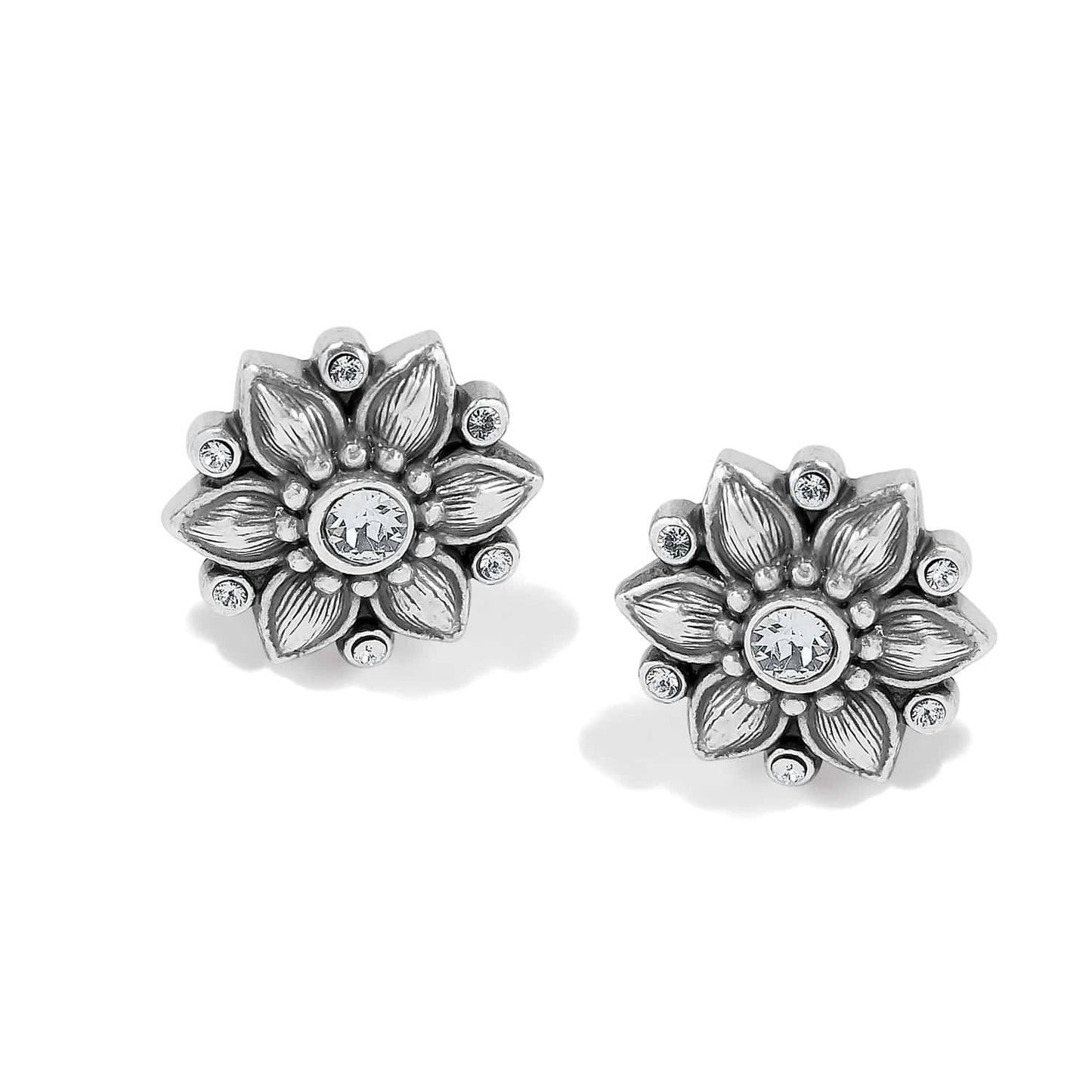 Brighton stud earrings with silver-plated floral design and crystal centers surrounded by petals on a white background