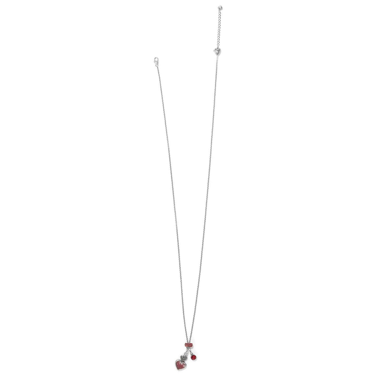 Brighton silver-plated chain necklace with heart pendant, red crystal charms, and adjustable clasp on a white background