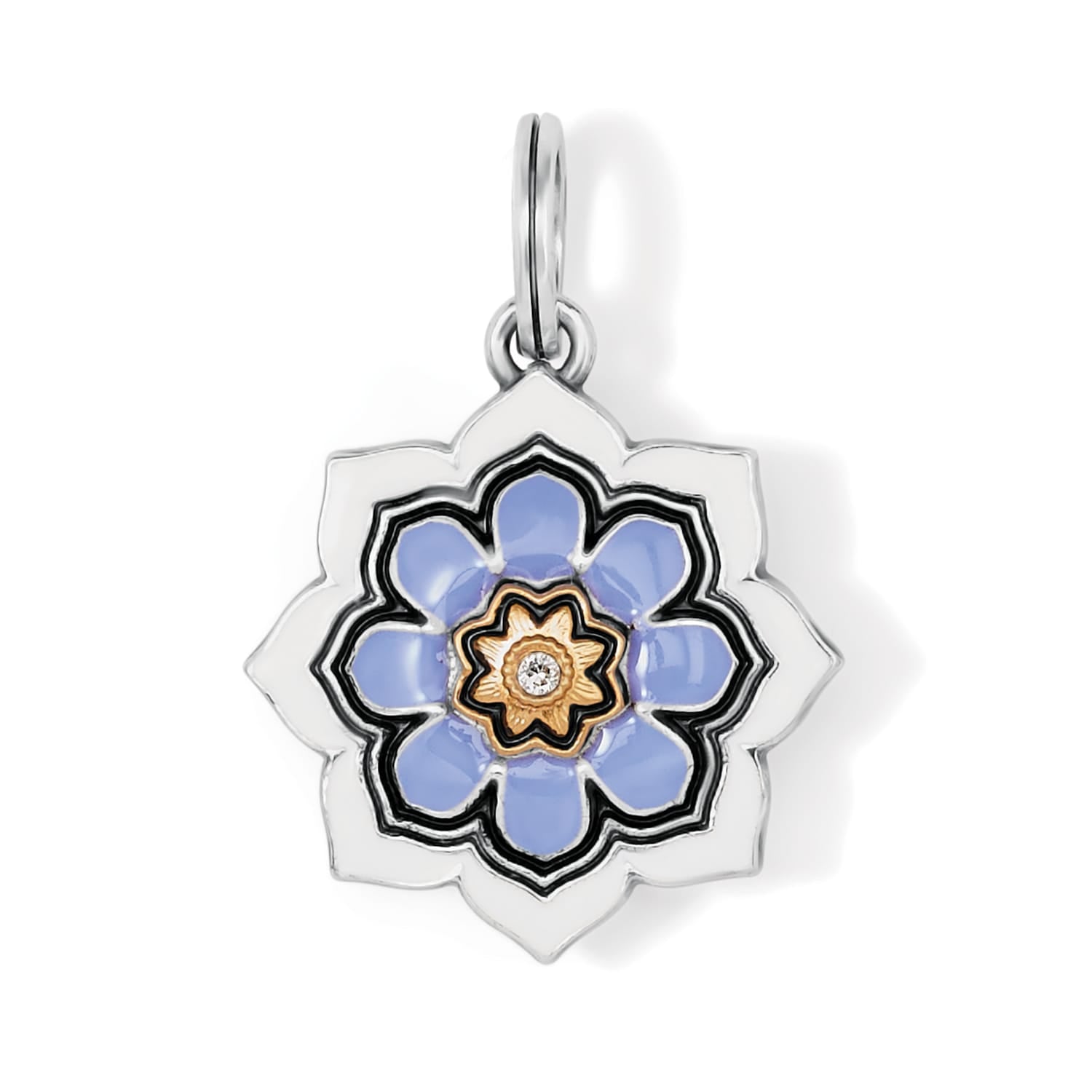 Brighton flower charm with blue enamel petals, gold-tone center with crystal, and silver-plated lotus frame on a white background