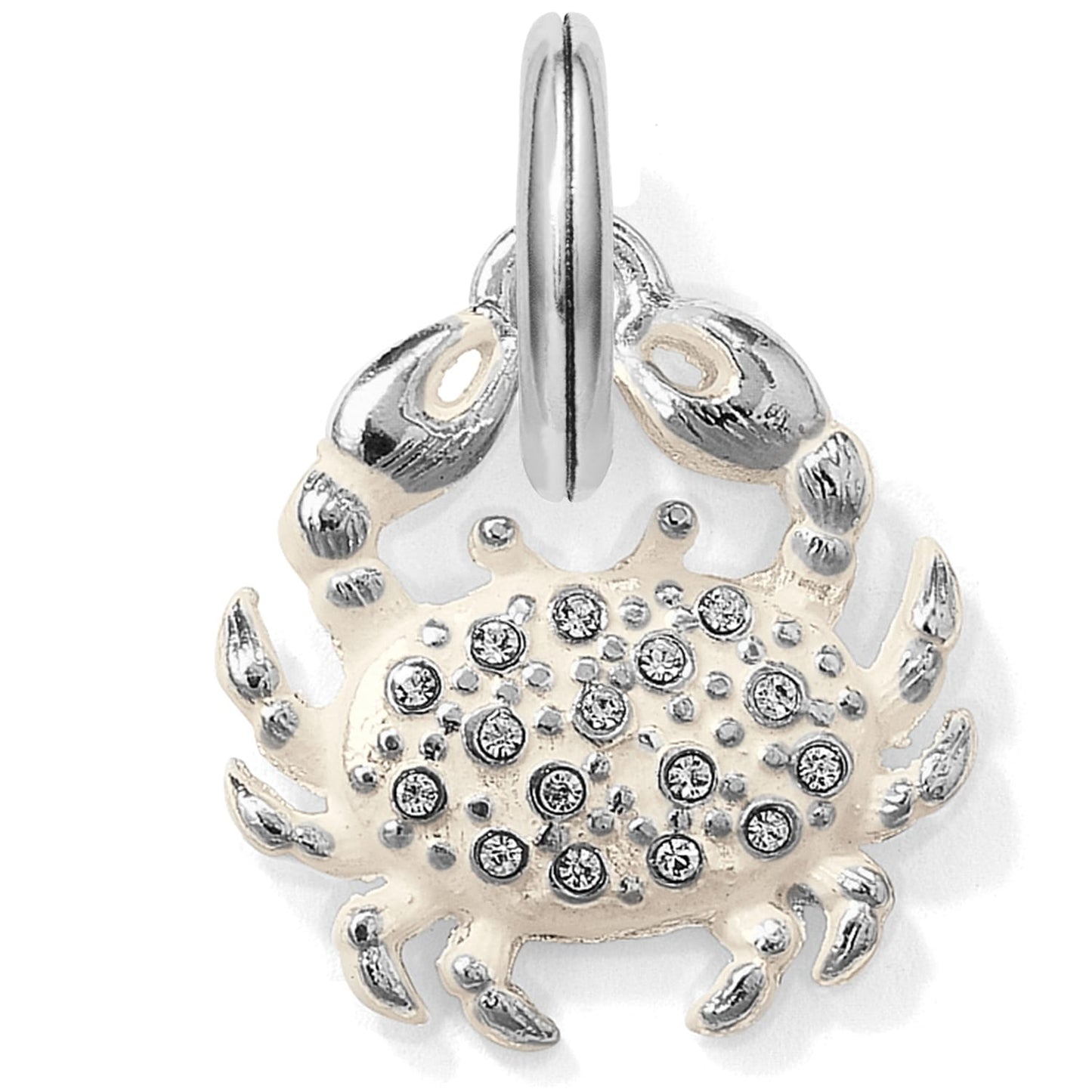 Brighton crab charm with silver-plated finish, crystal accents, and split ring loop on a white background