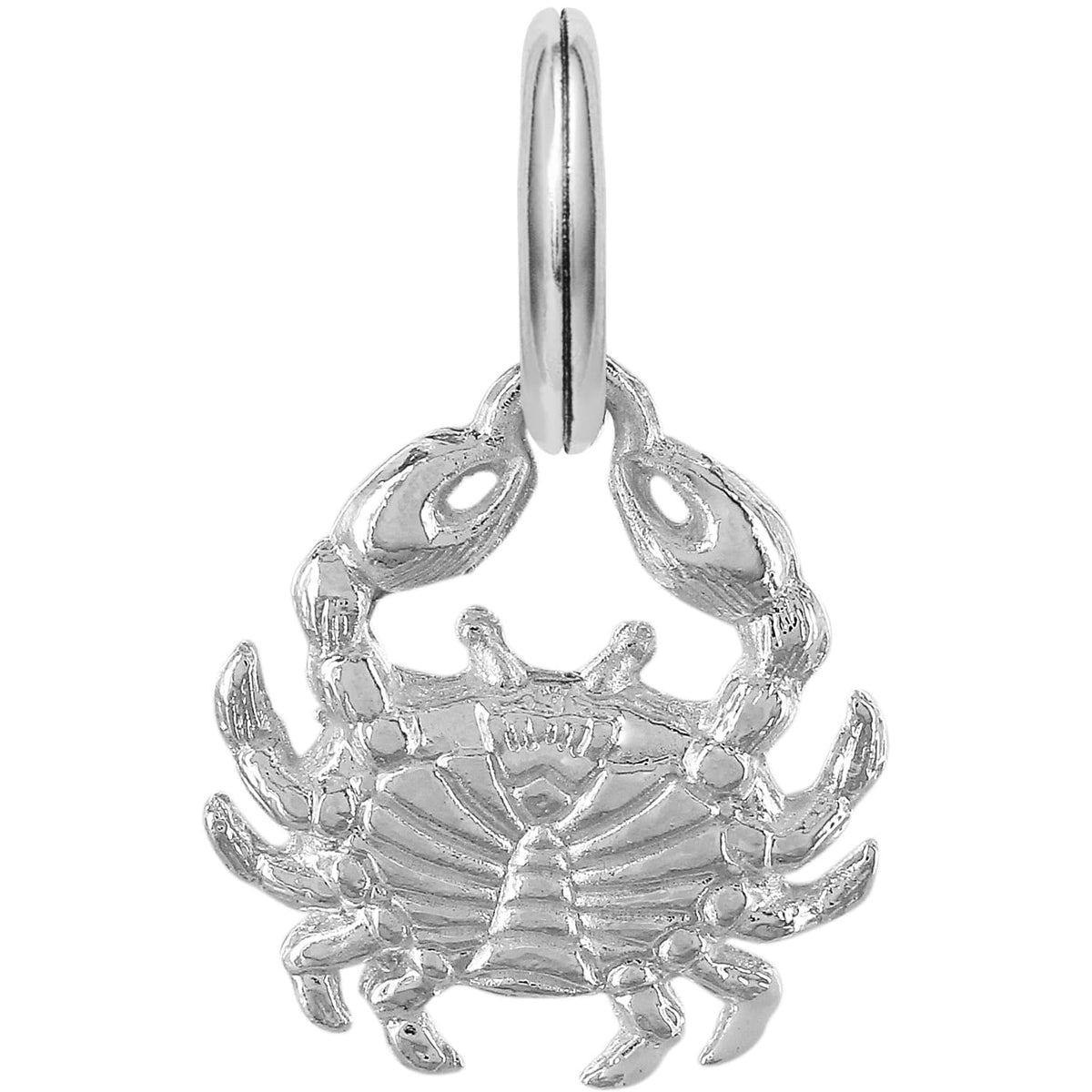 Brighton crab charm with silver-plated finish, detailed shell and legs, attached to a split ring on a white background