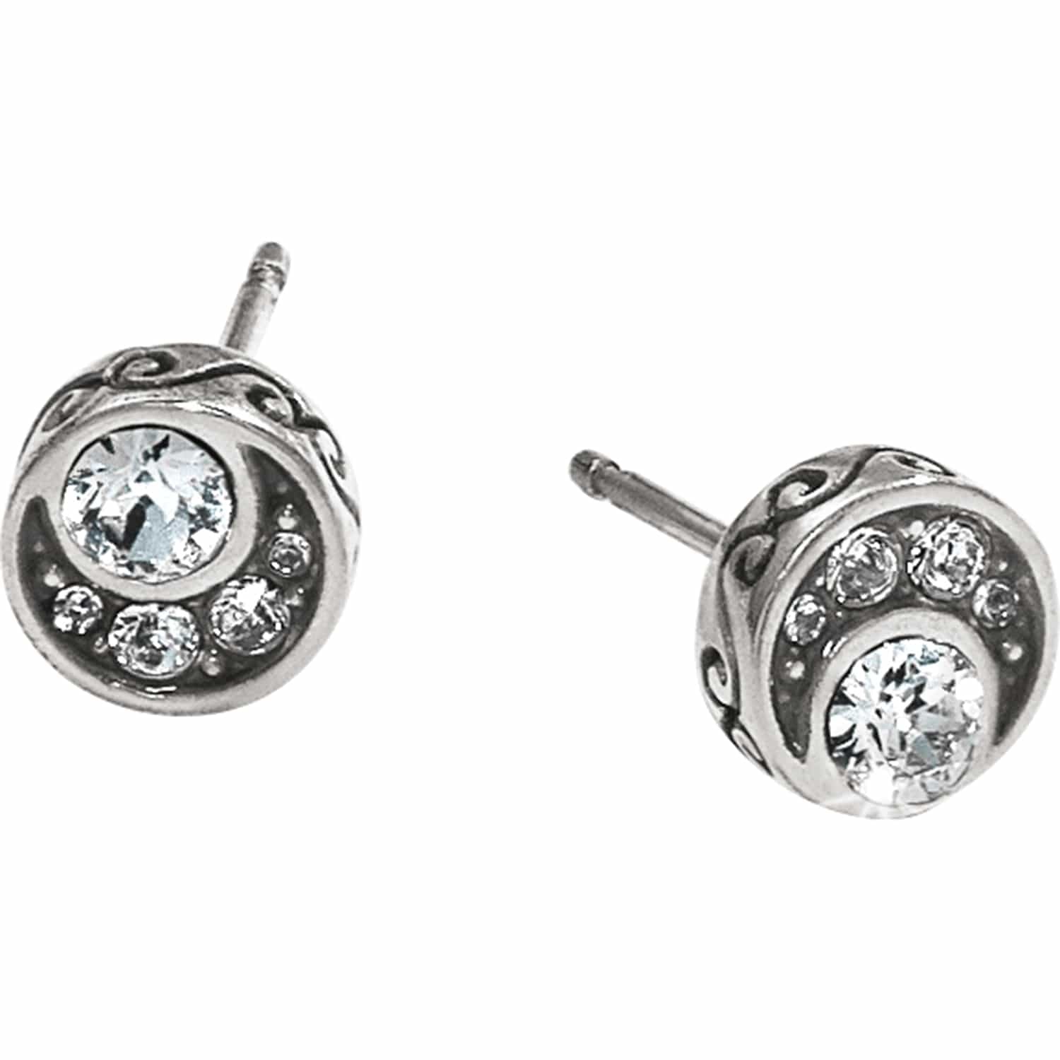 Brighton stud earrings with silver-plated scrollwork and crystal accents in a round design on a white background