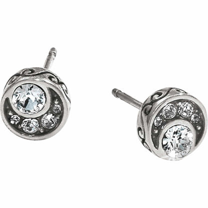 Brighton stud earrings with silver-plated scrollwork and crystal accents in a round design on a white background
