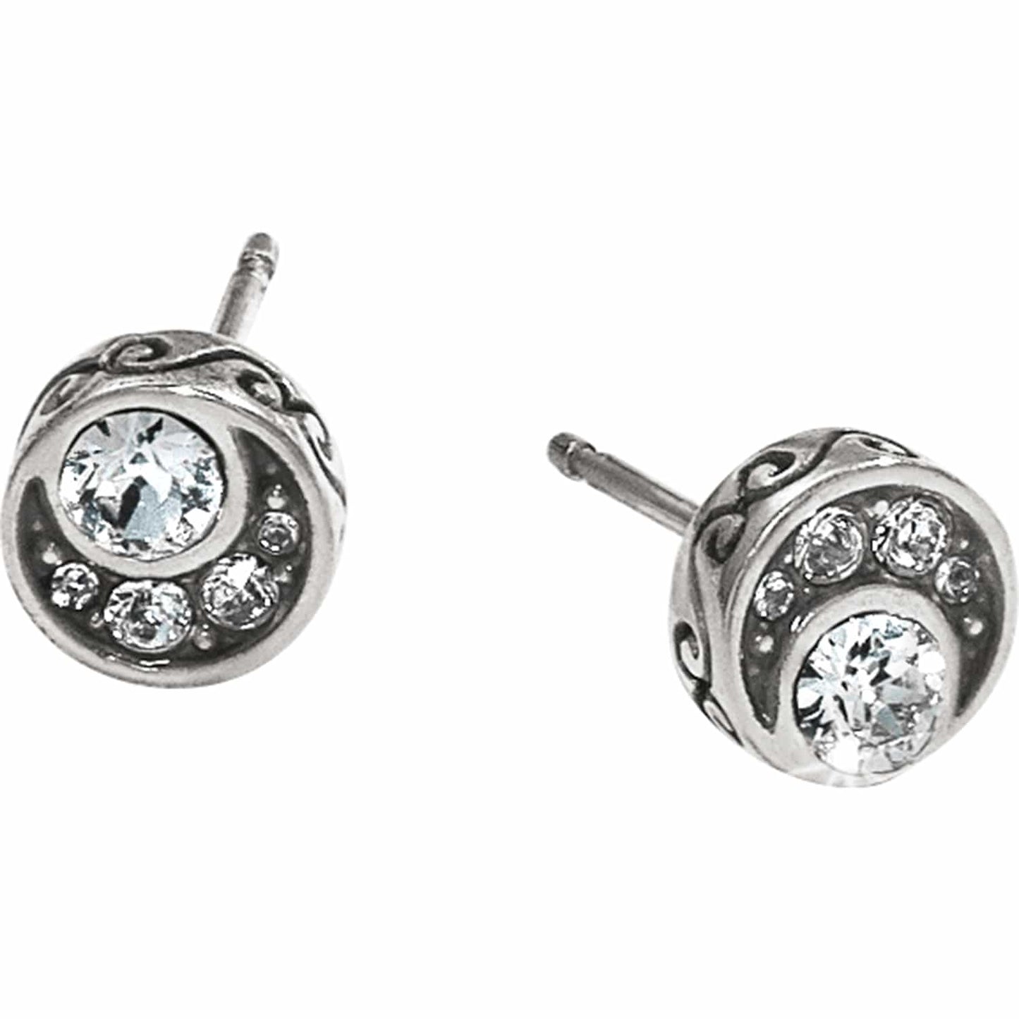 Brighton stud earrings with silver-plated scrollwork and crystal accents in a round design on a white background