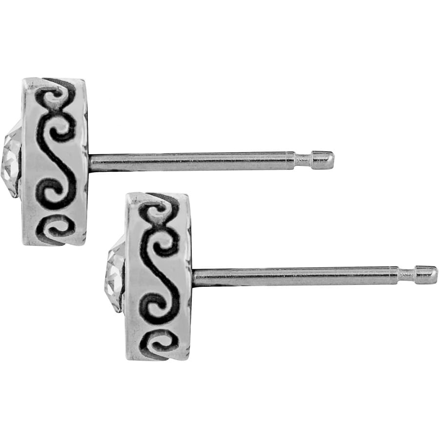 Brighton stud earrings with silver-plated scroll design and crystal accents on a white background