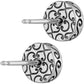 Brighton silver-plated stud earrings with round discs featuring engraved scrollwork and cross motif on a white background