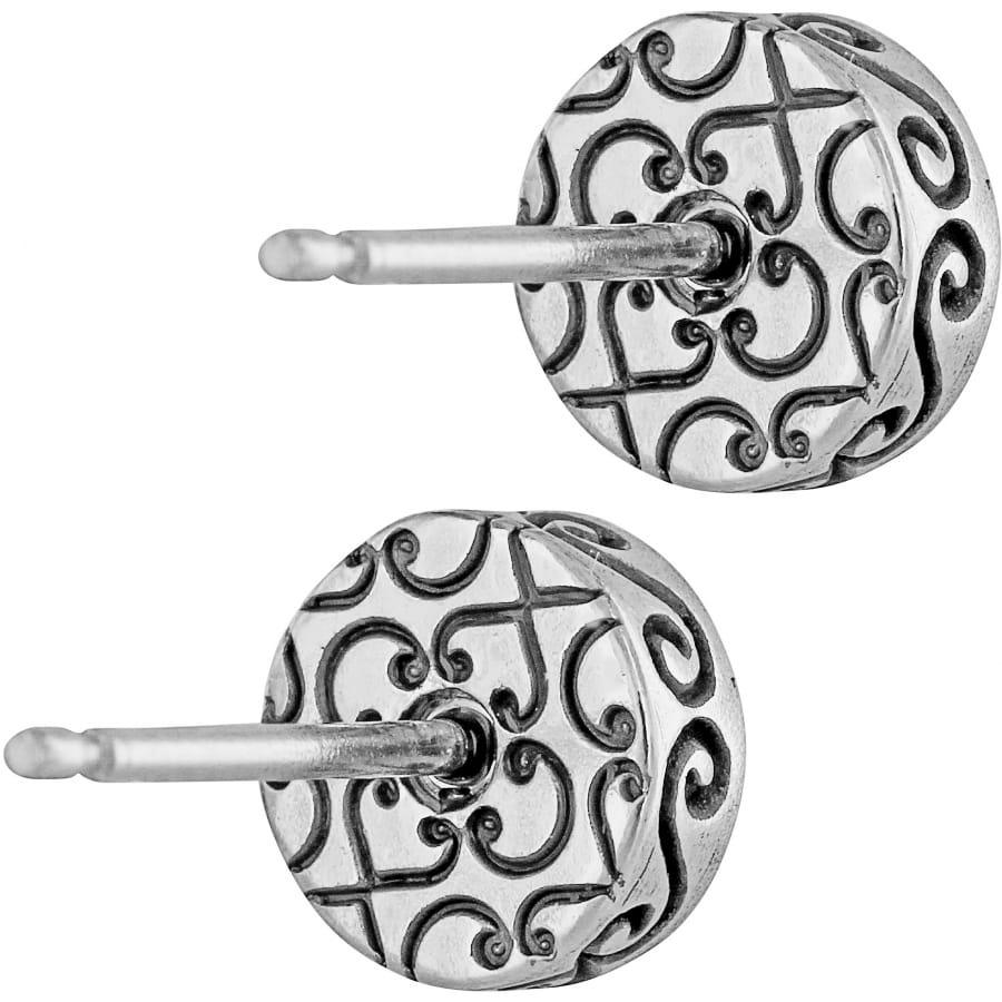 Brighton silver-plated stud earrings with round discs featuring engraved scrollwork and cross motif on a white background