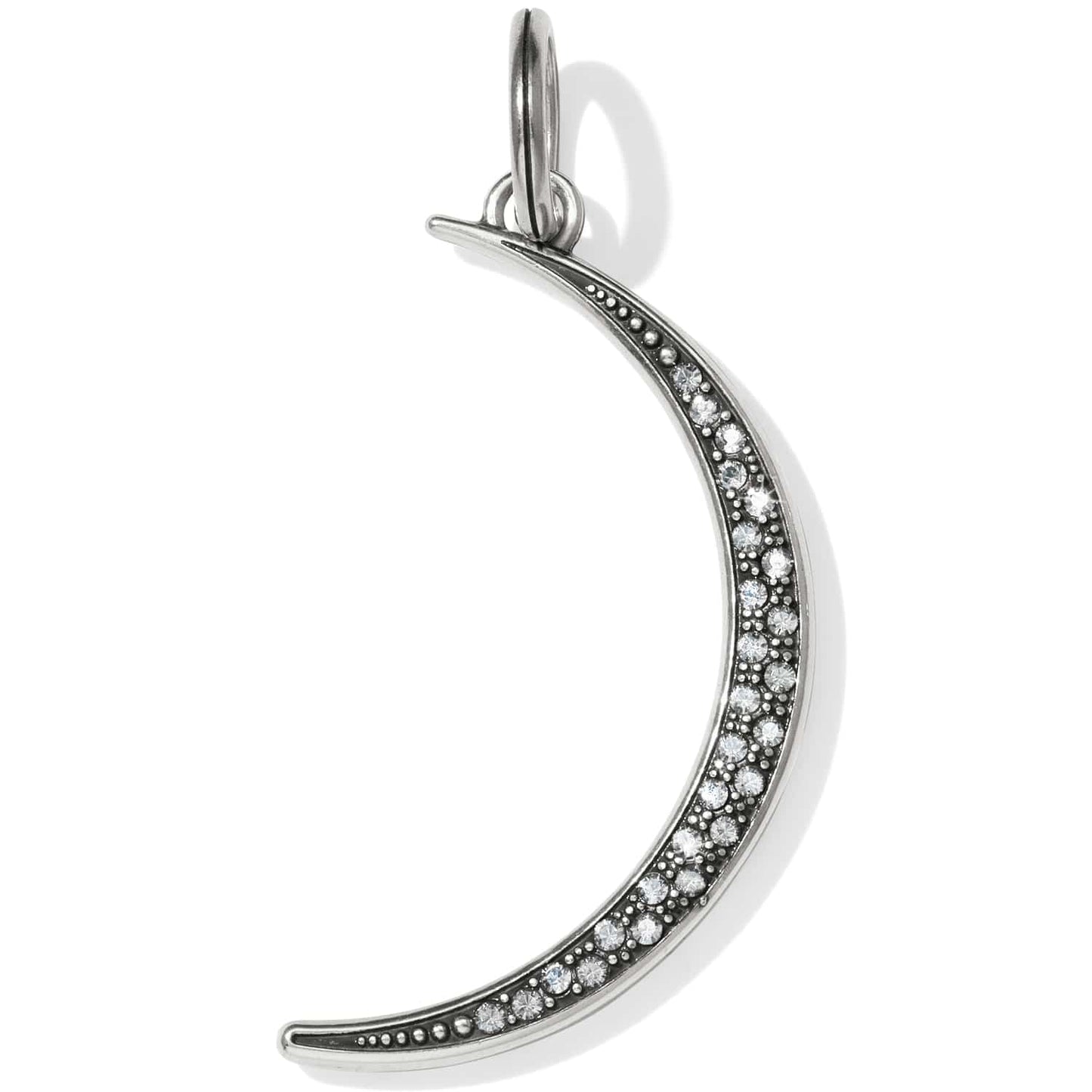Brighton crescent moon charm pendant with silver-plated finish and pave crystal accents on a white background