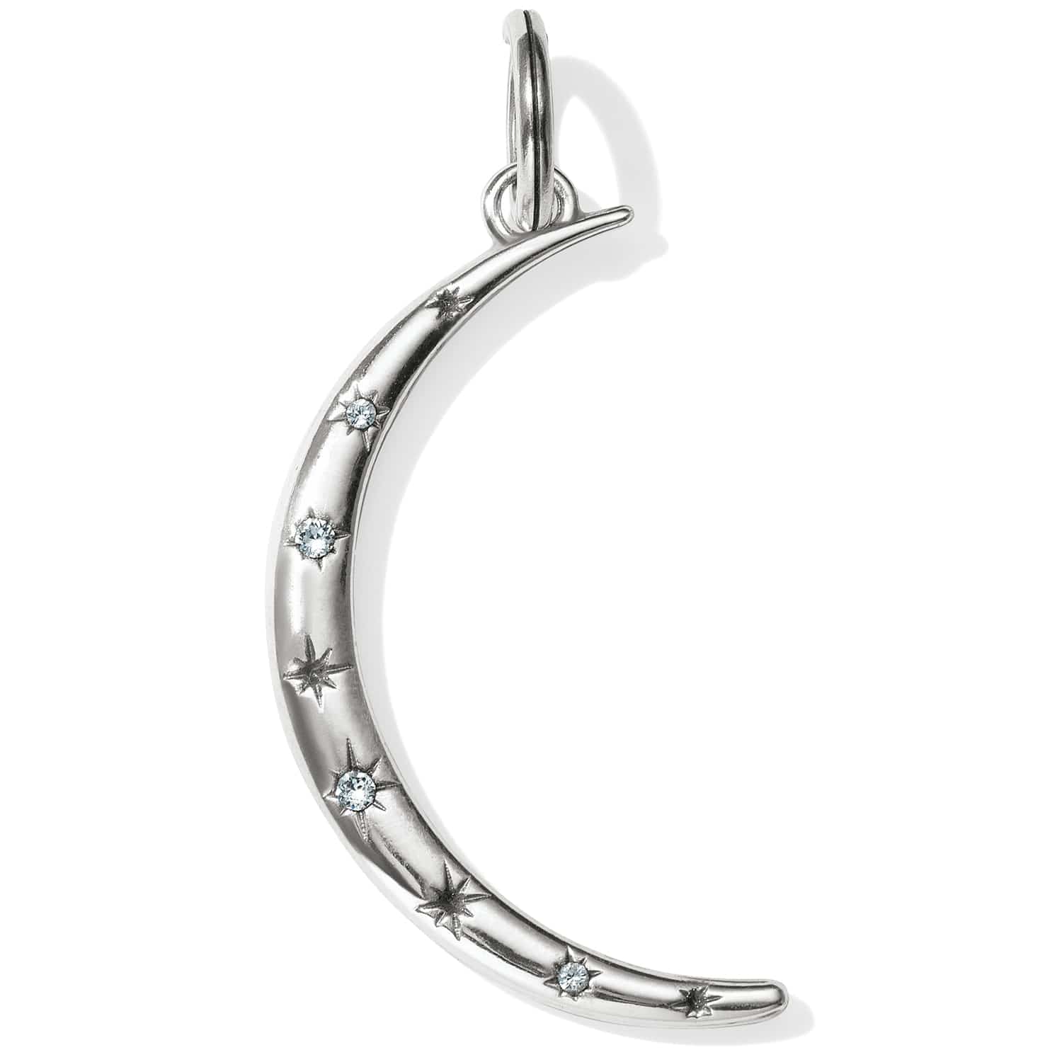 Brighton crescent moon charm with silver-plated finish, etched stars, and crystal accents on a white background