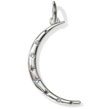 Brighton crescent moon charm with silver-plated finish, etched stars, and crystal accents on a white background
