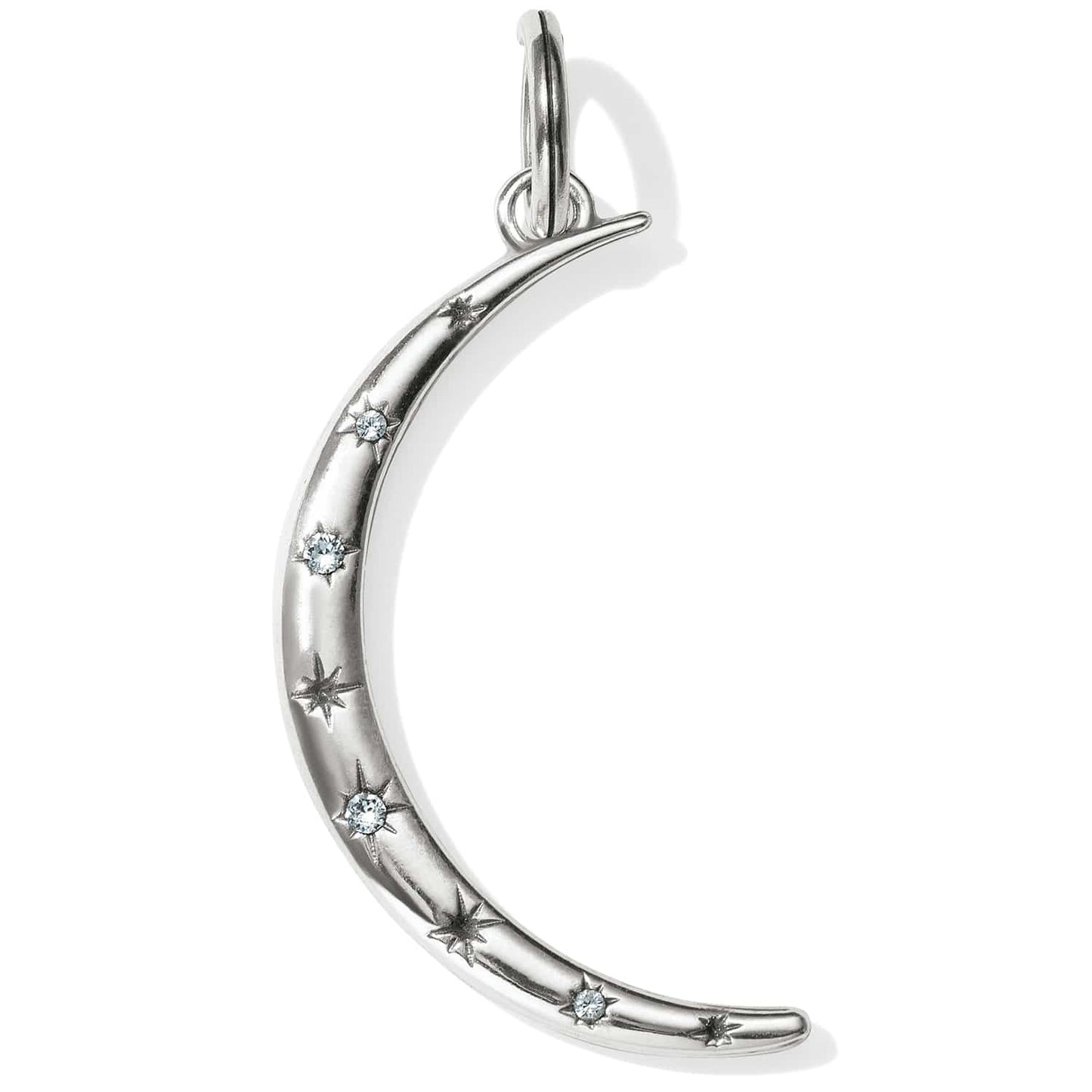 Brighton crescent moon charm with silver-plated finish, etched stars, and crystal accents on a white background