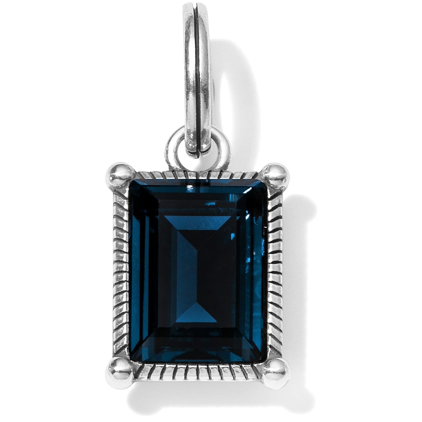 Brighton charm with emerald-cut blue crystal in silver-plated rope-textured frame and split ring on a white background