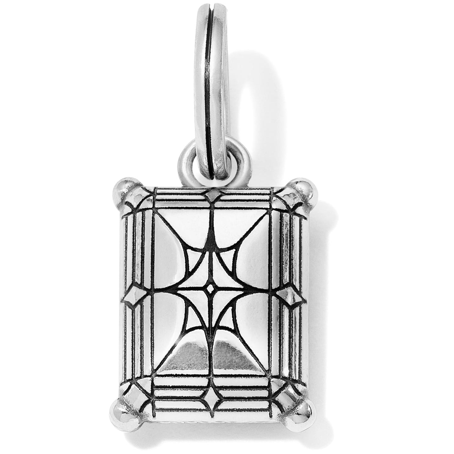 Brighton charm with silver-plated rectangular pendant featuring etched geometric facet pattern and split ring on a white background