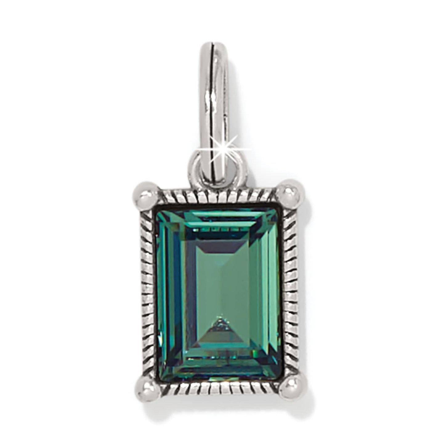 Brighton charm with emerald-cut green crystal in silver-plated rope-textured frame and bail on a white background