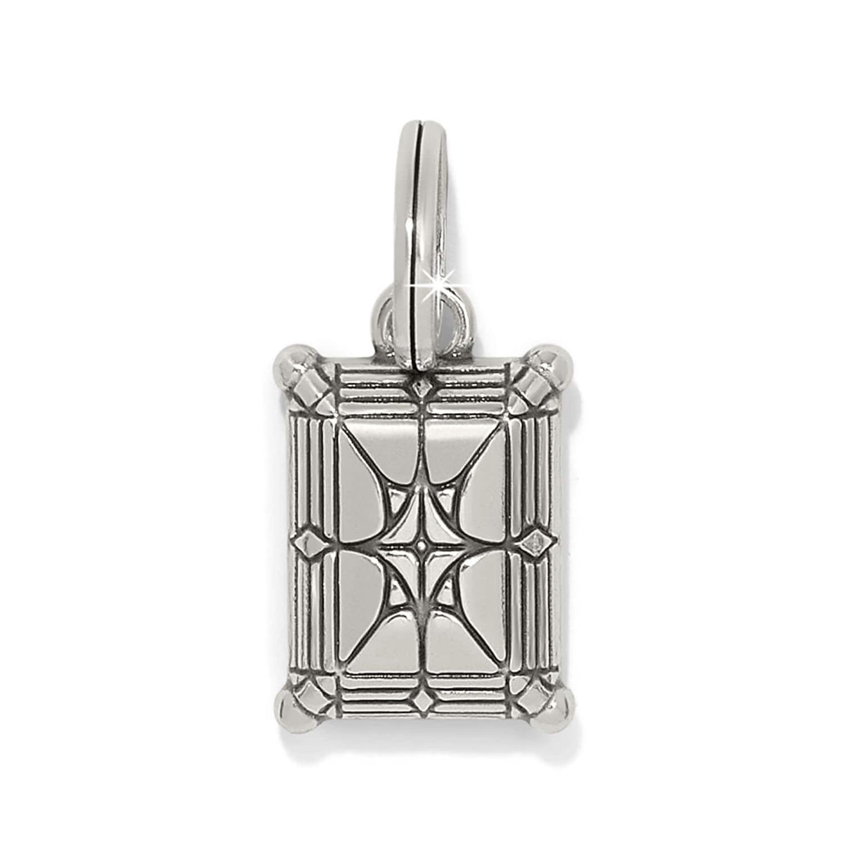 Brighton rectangular charm pendant with silver-plated geometric etched pattern and prong-set corners on a white background