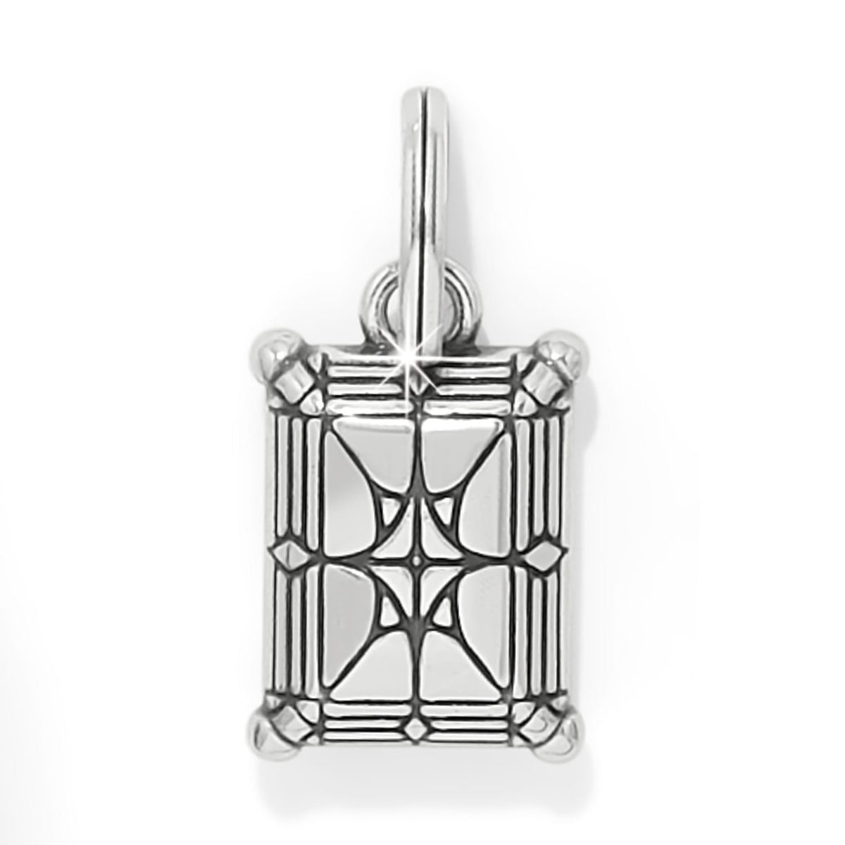 Brighton charm pendant with rectangular crystal in silver-plated prong setting and bail loop on a white background