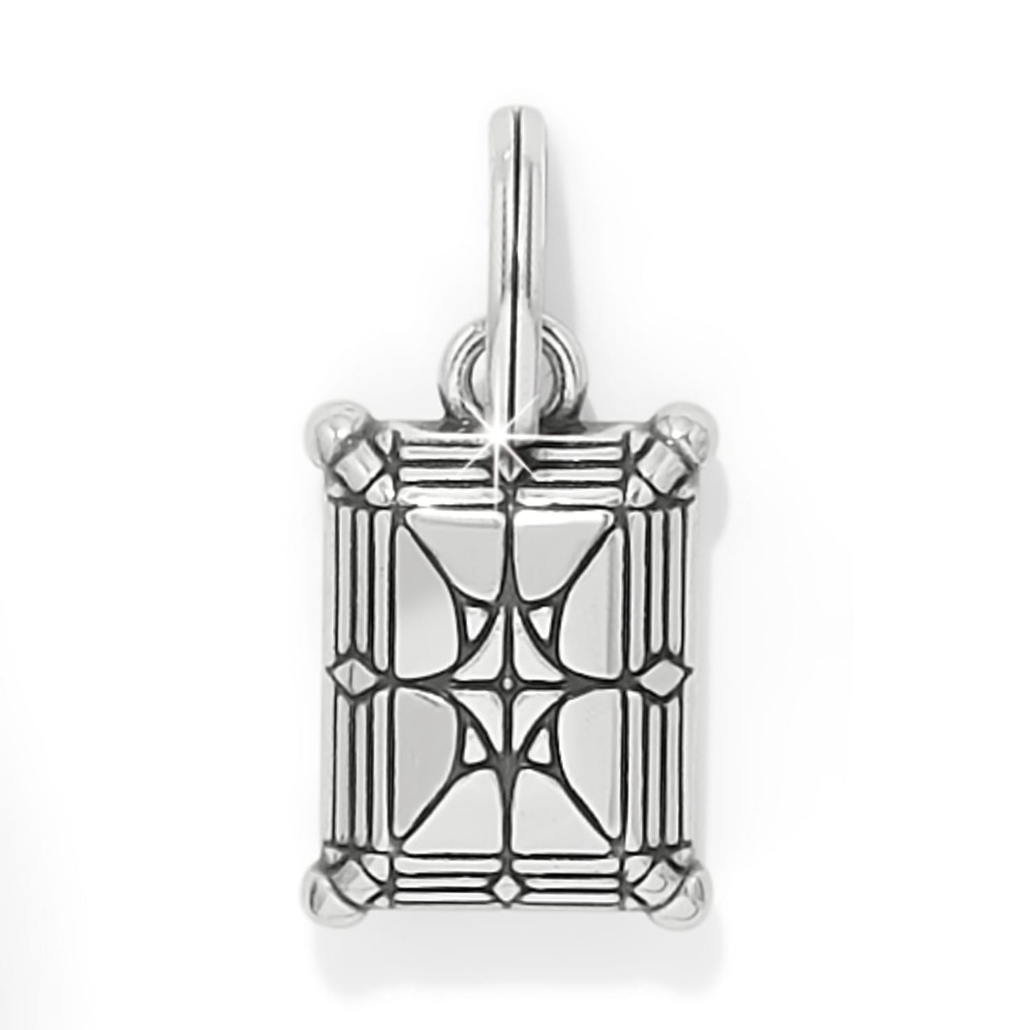 Brighton charm pendant with rectangular crystal in silver-plated prong setting and bail loop on a white background