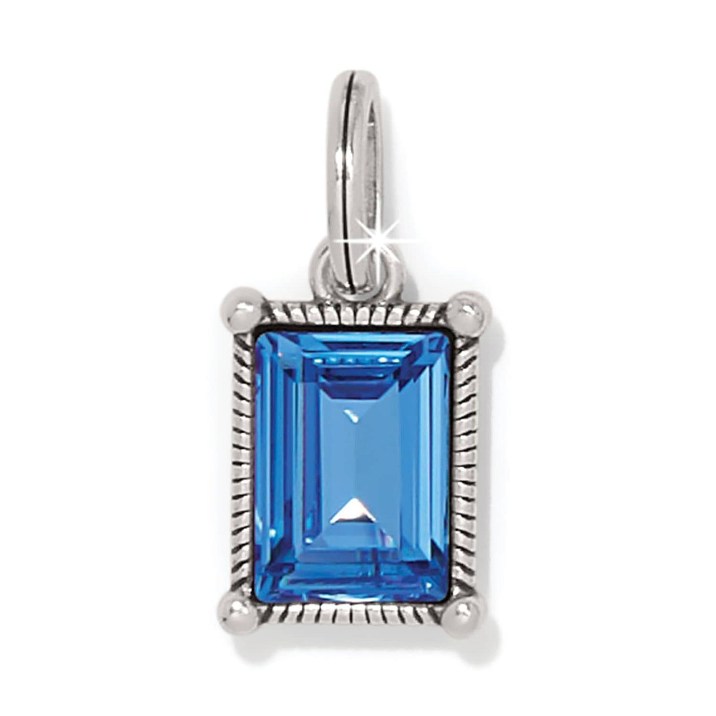 Brighton charm with rectangular blue crystal in silver-plated rope-textured frame and top loop on a white background