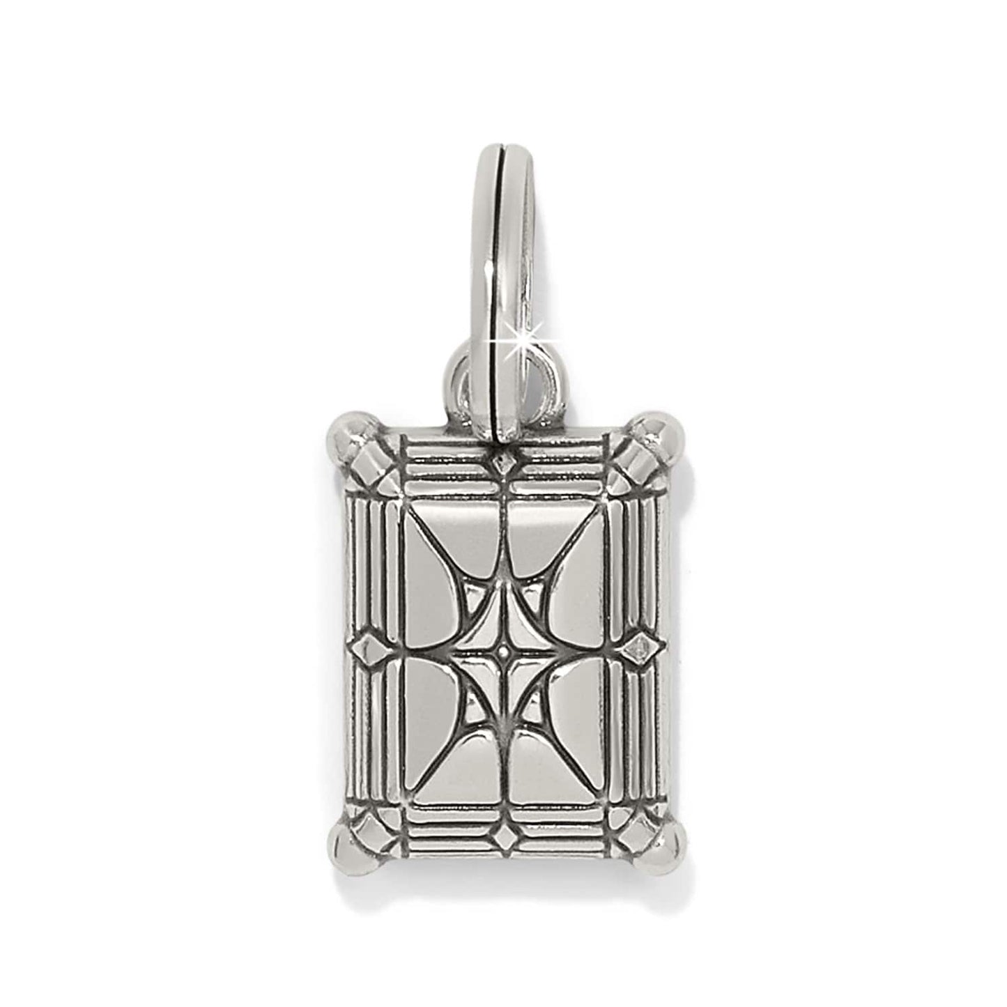 Brighton charm with silver-plated rectangular pendant featuring engraved geometric crosshatch design and bail loop on a white background