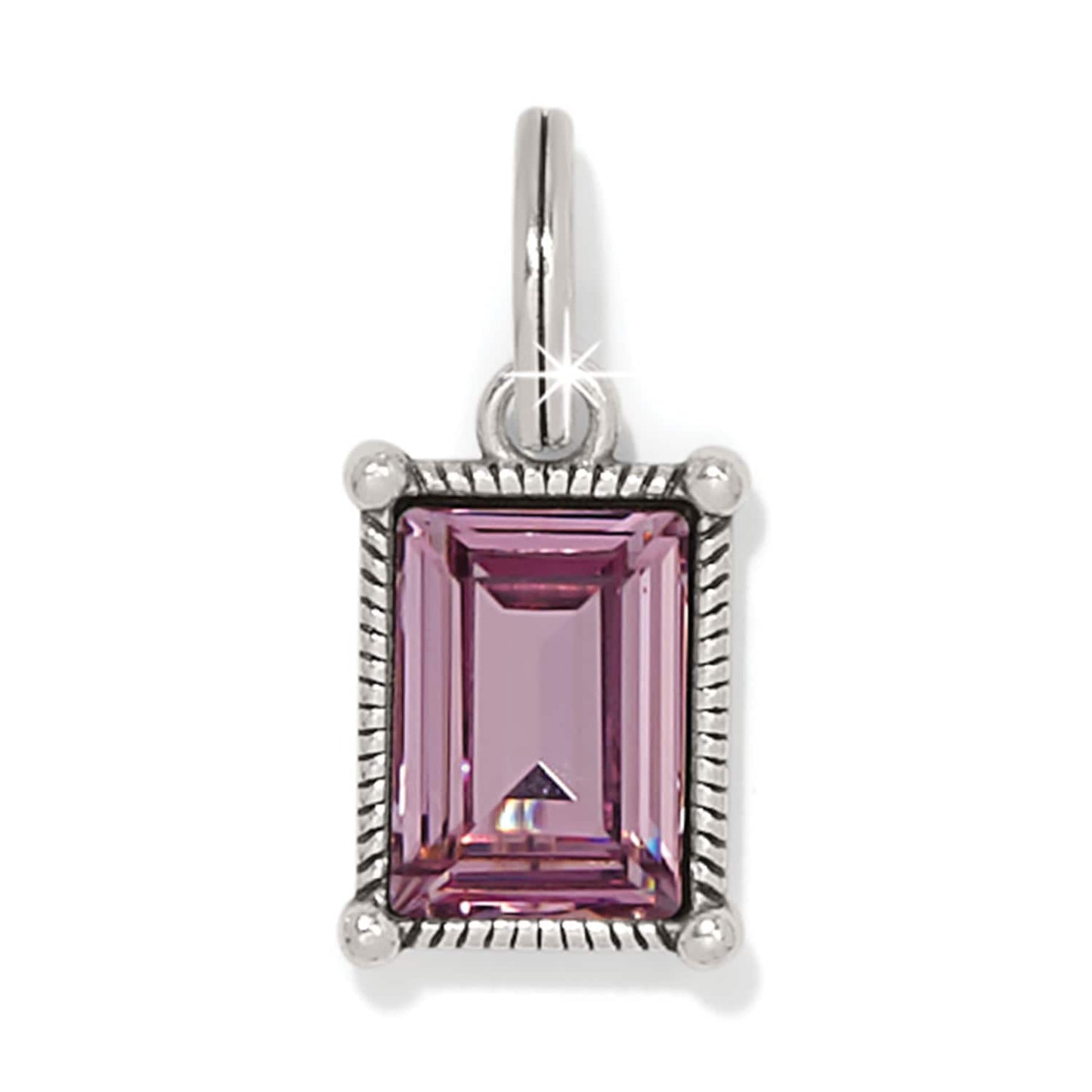Brighton charm with rectangular pink crystal in silver-plated rope-edge frame and bail loop on a white background