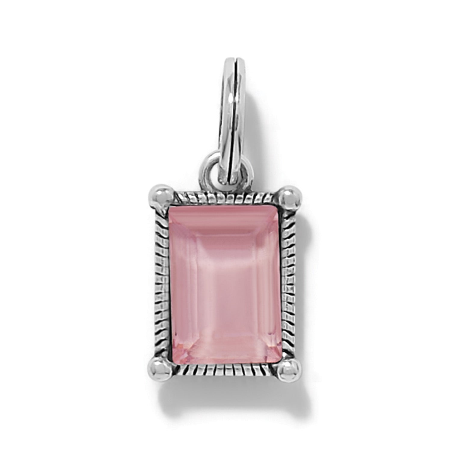Brighton charm pendant with rectangular pink crystal in silver-plated rope-textured frame and bail on a white background
