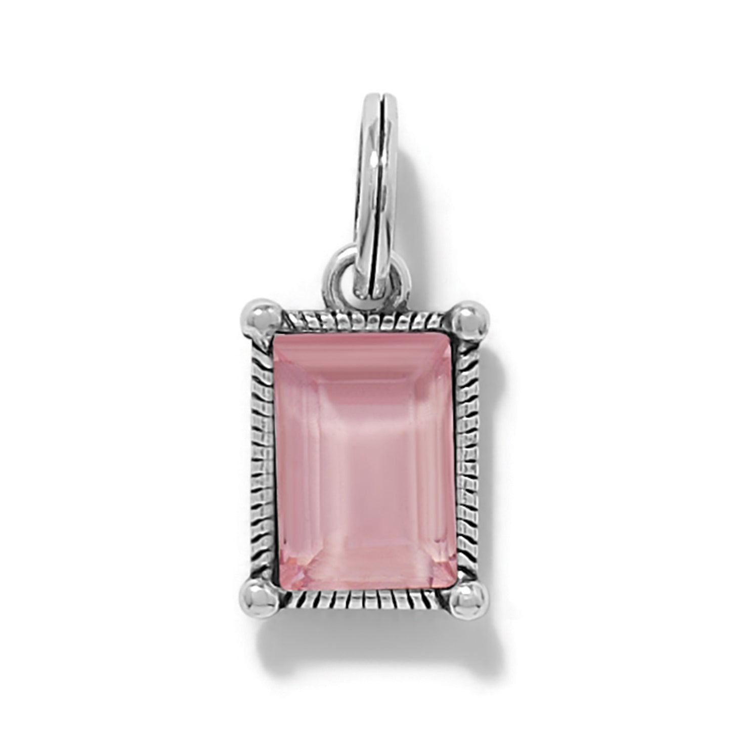 Brighton charm pendant with rectangular pink crystal in silver-plated rope-textured frame and bail on a white background