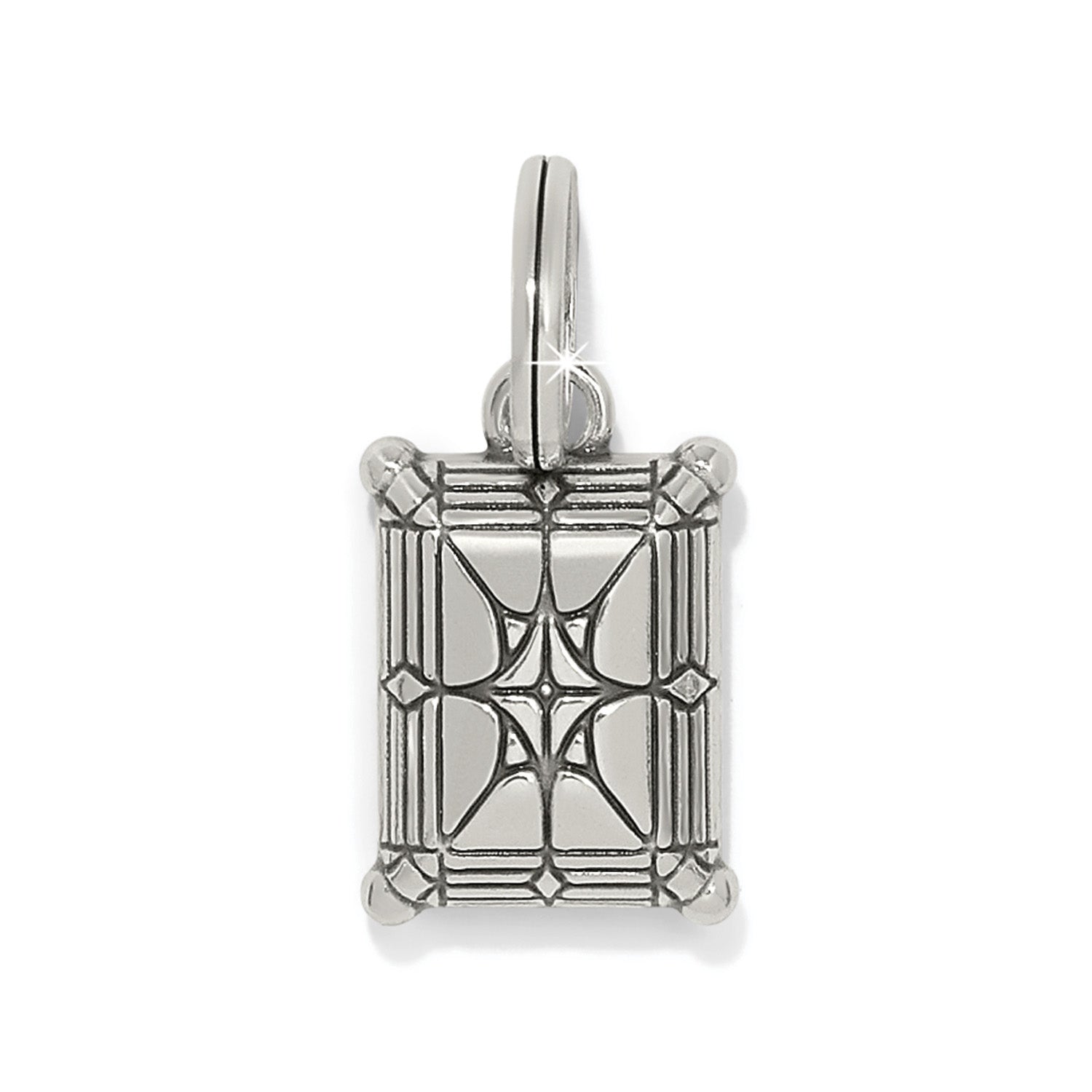 Brighton rectangular charm with silver-plated geometric etched design and prong-set details on a white background