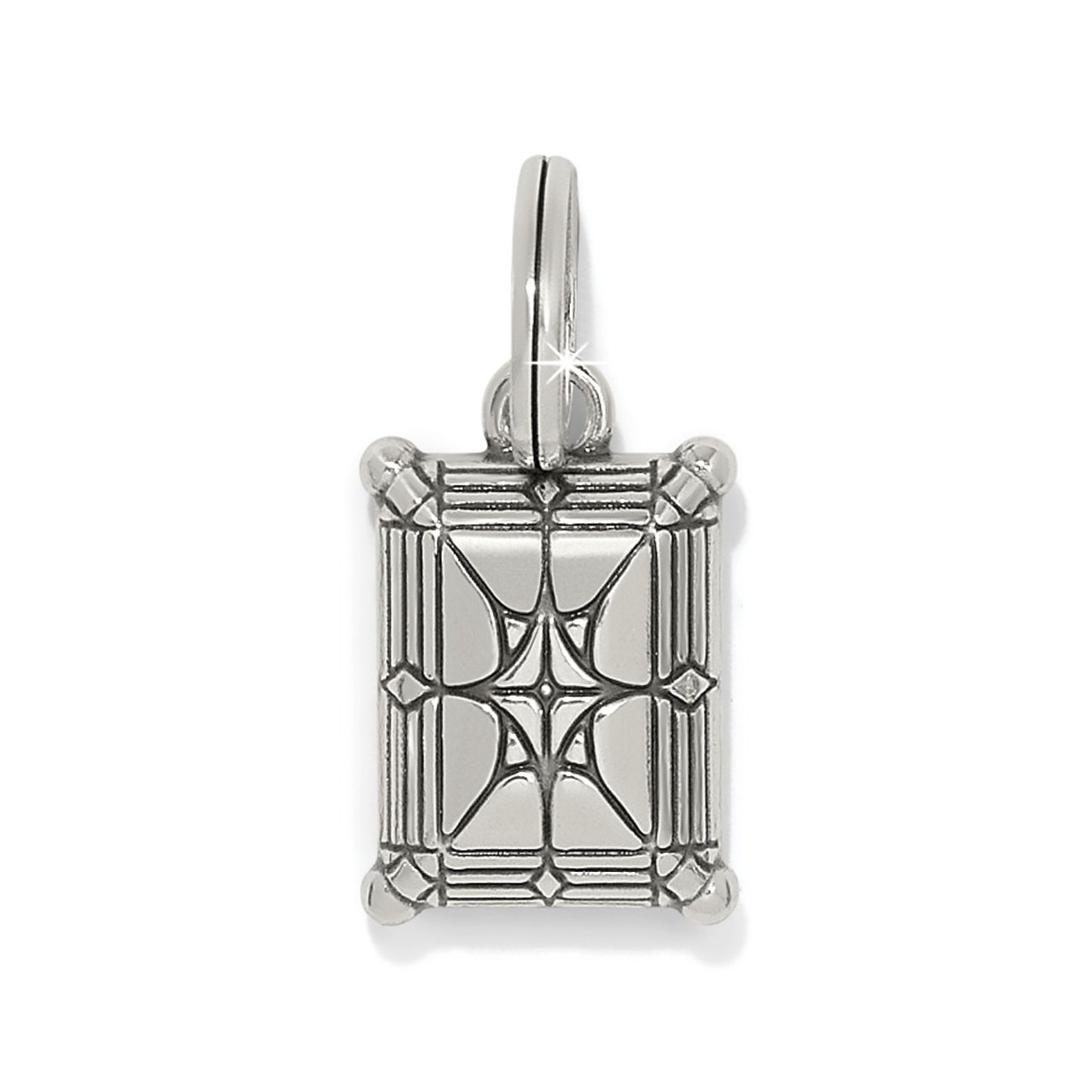 Brighton rectangular charm with silver-plated geometric etched design and prong-set details on a white background
