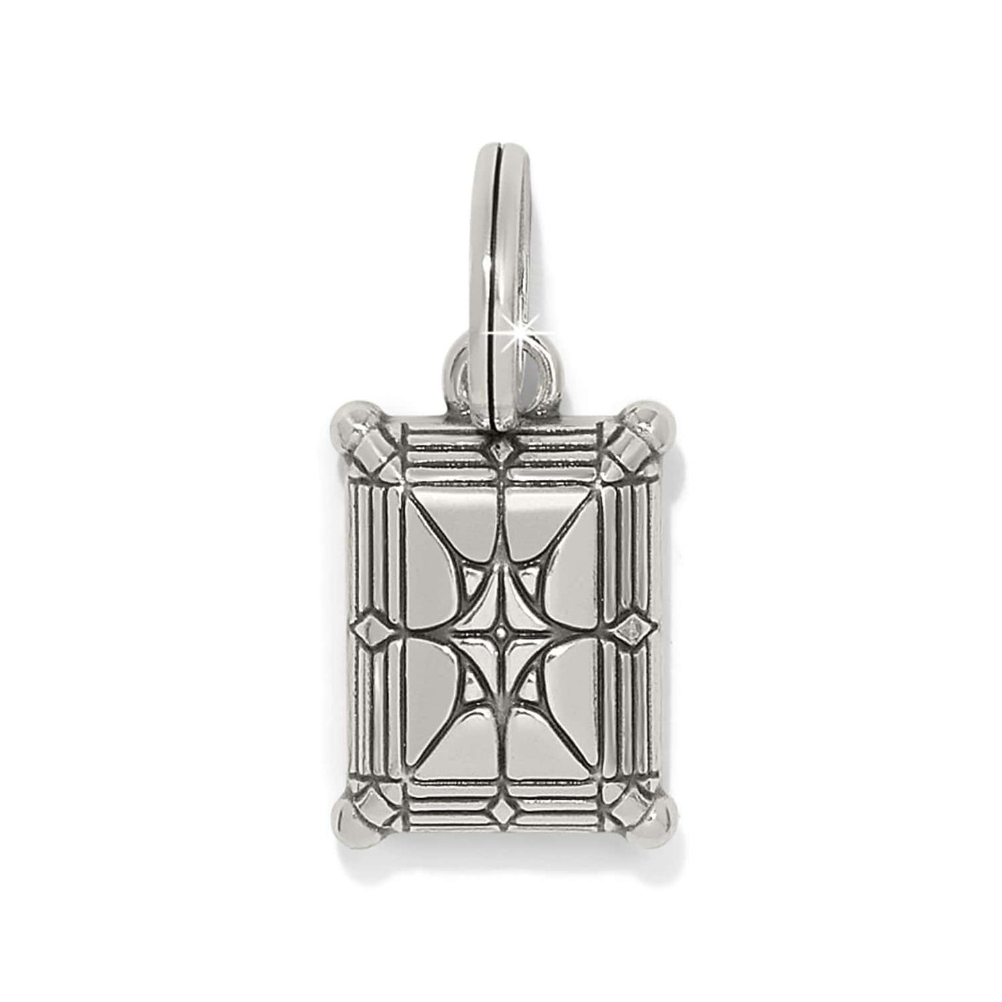 Brighton rectangular charm with silver-plated geometric etched design and prong-set details on a white background