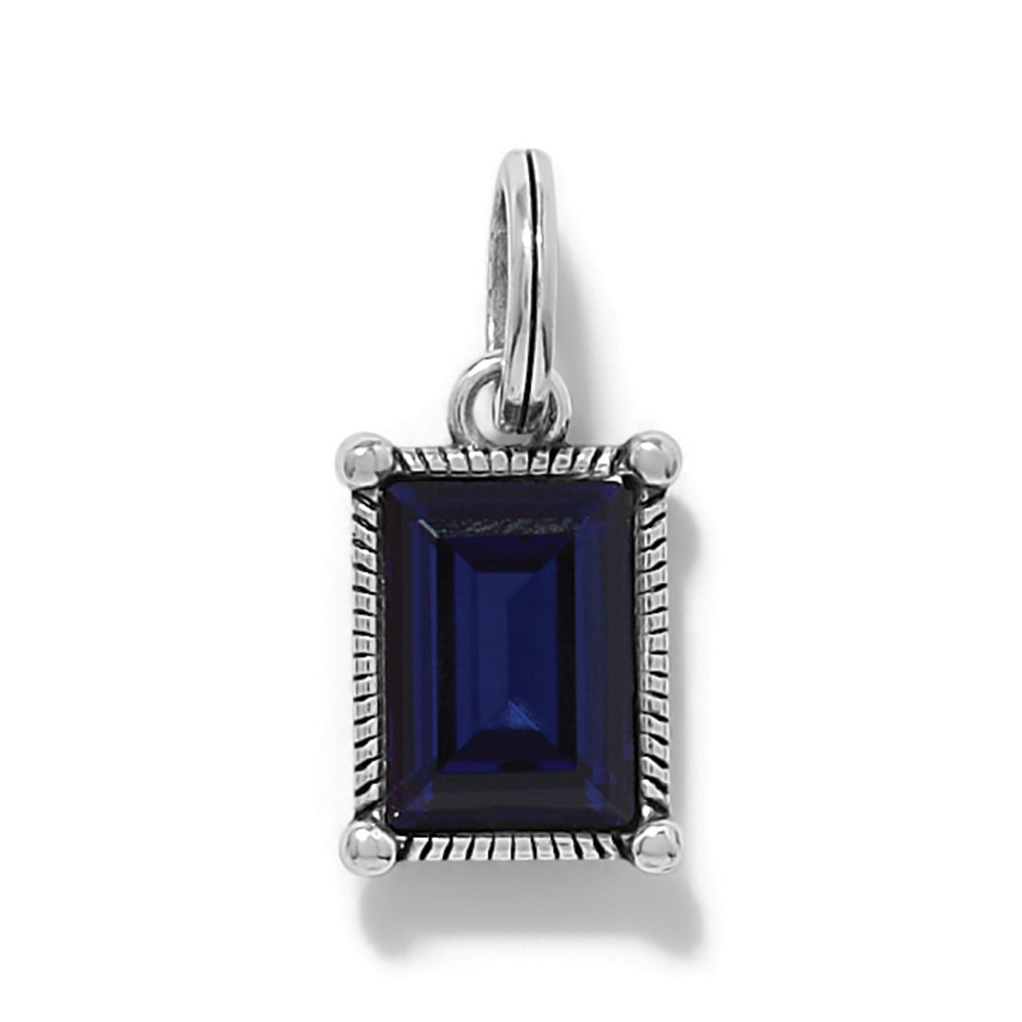 Brighton pendant charm with rectangular blue crystal in silver-plated rope-textured frame and bail on a white background