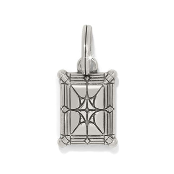 Brighton charm pendant with silver-plated rectangular geometric design and decorative bail on a white background