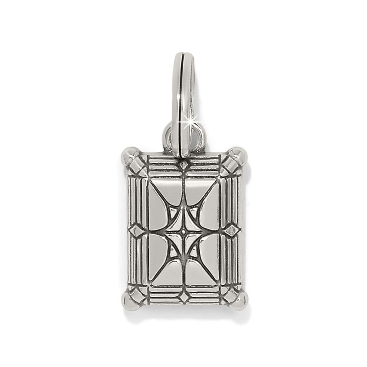 Brighton charm pendant with silver-plated rectangular geometric design and decorative bail on a white background
