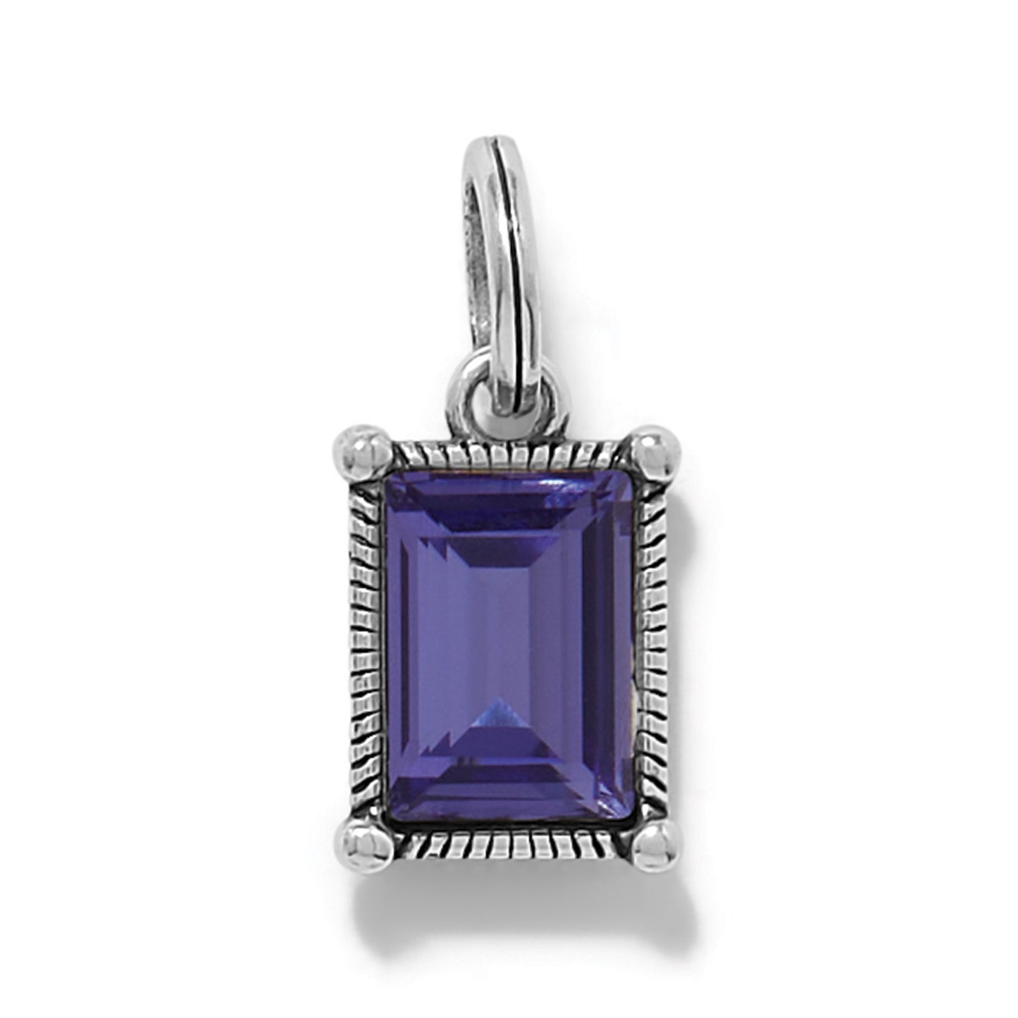Brighton charm pendant with rectangular purple crystal in silver-plated rope-textured frame and bail on a white background