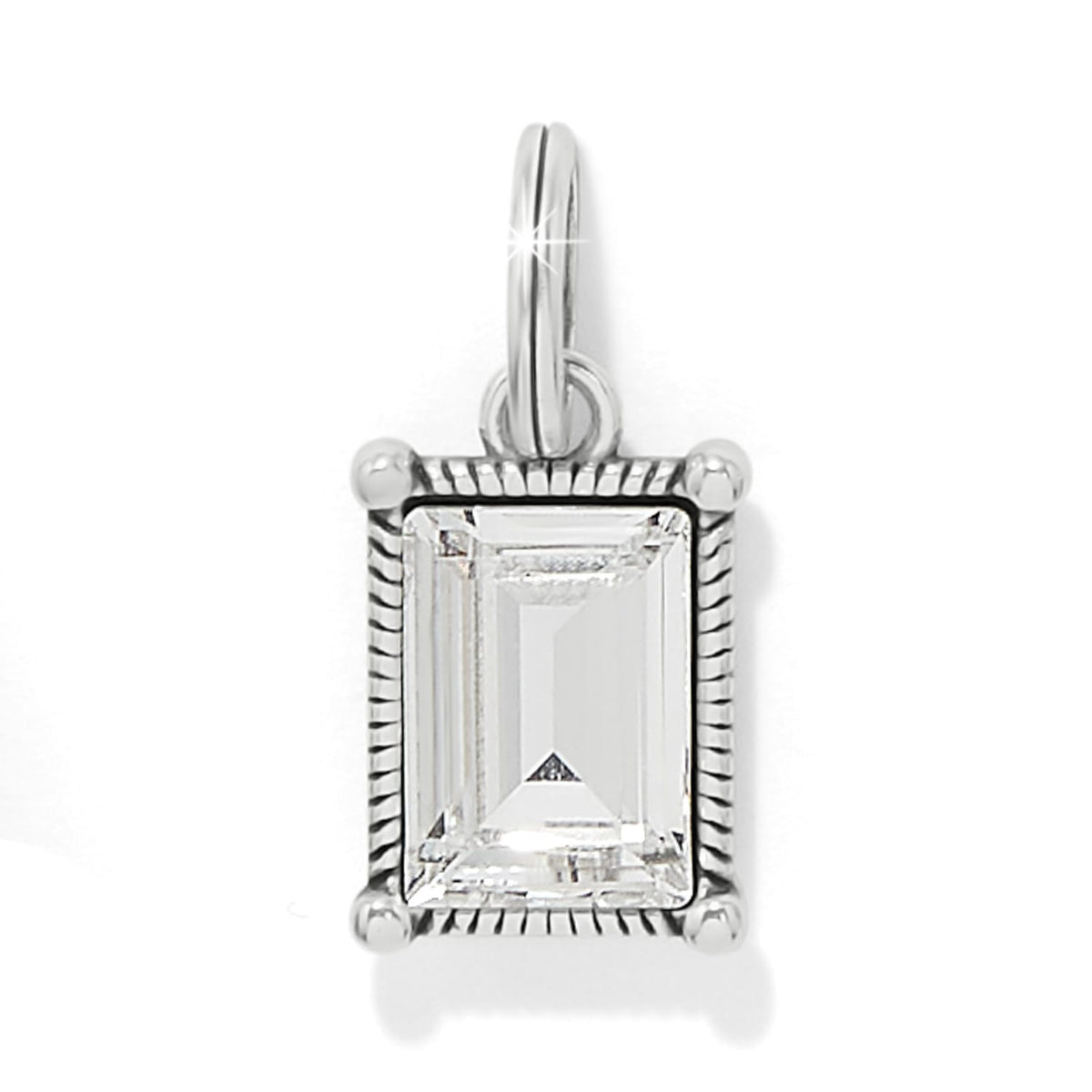 Brighton charm pendant with rectangular crystal in silver-plated rope-textured frame and bail on a white background