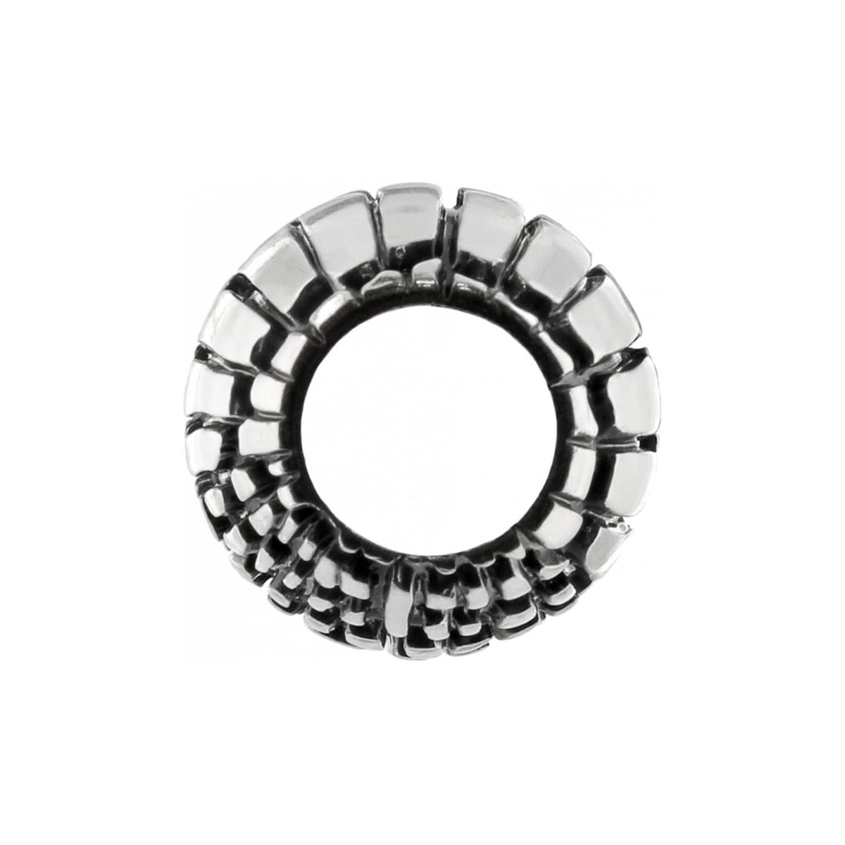 Brighton silver-plated spacer charm bead with ridged textured pattern and open center on a white background