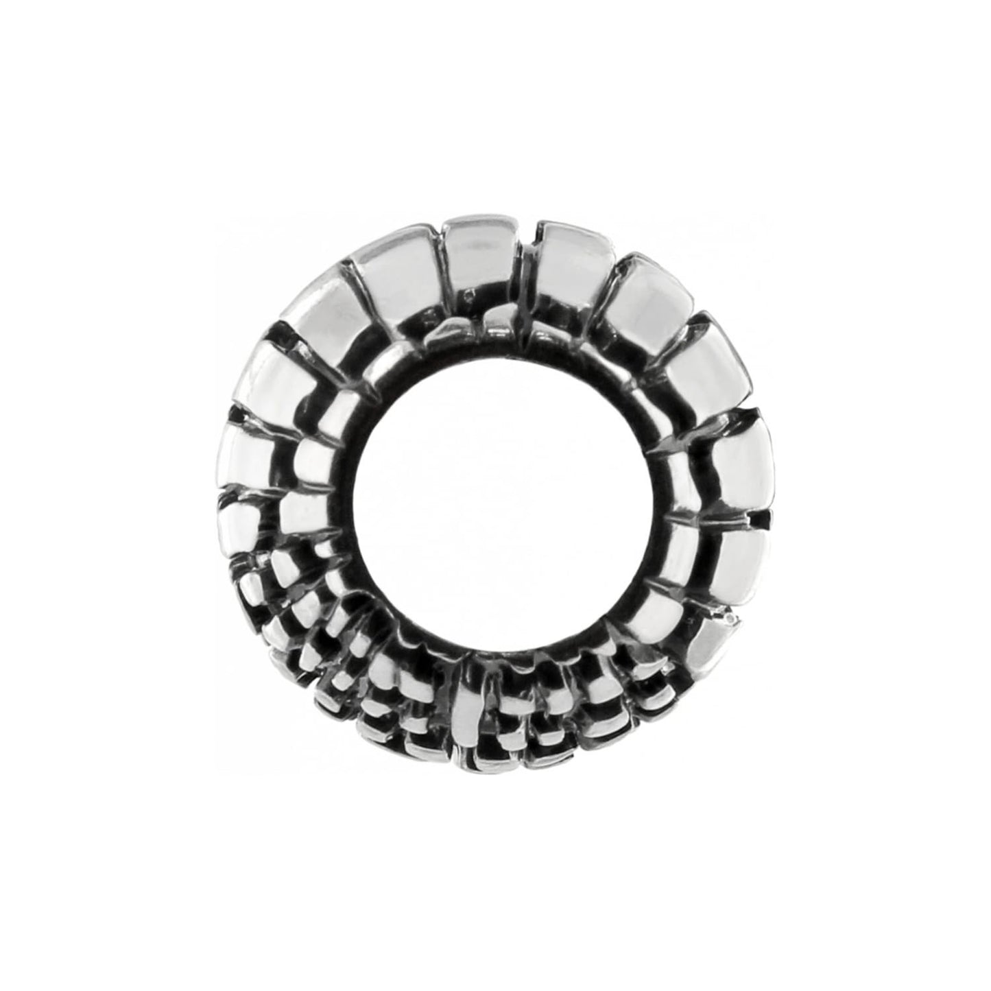 Brighton silver-plated spacer charm bead with ridged textured pattern and open center on a white background