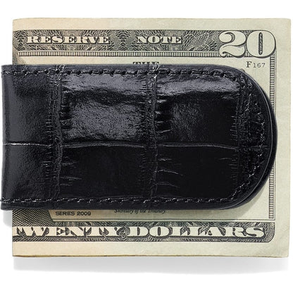 Brighton money clip in black croc-embossed leather holding a twenty dollar bill on a white background