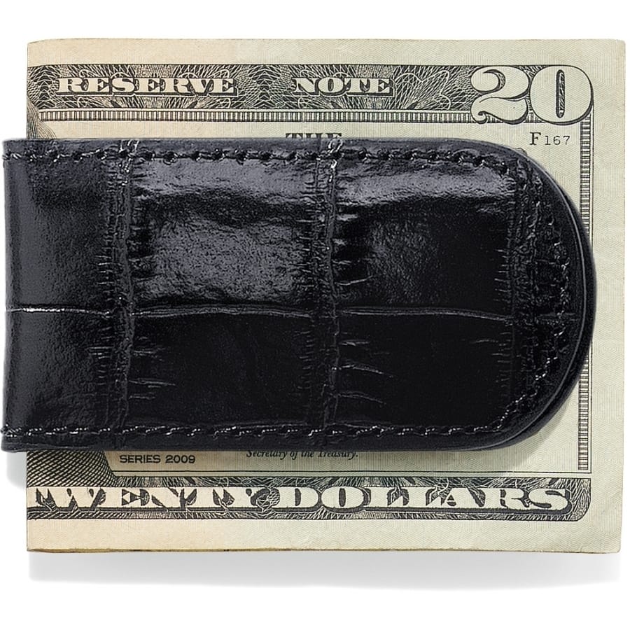 Brighton money clip in black croc-embossed leather holding a twenty dollar bill on a white background