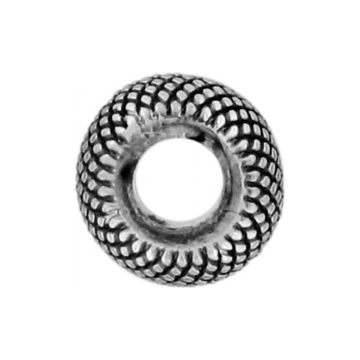 Brighton silver-plated spacer bead with textured rope pattern and round center opening on a white background