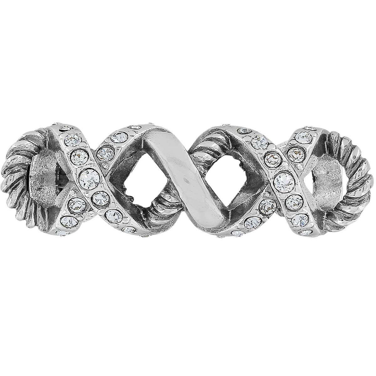 Brighton silver-plated band ring with twisted rope details and crystal-set crossover X motifs on a white background
