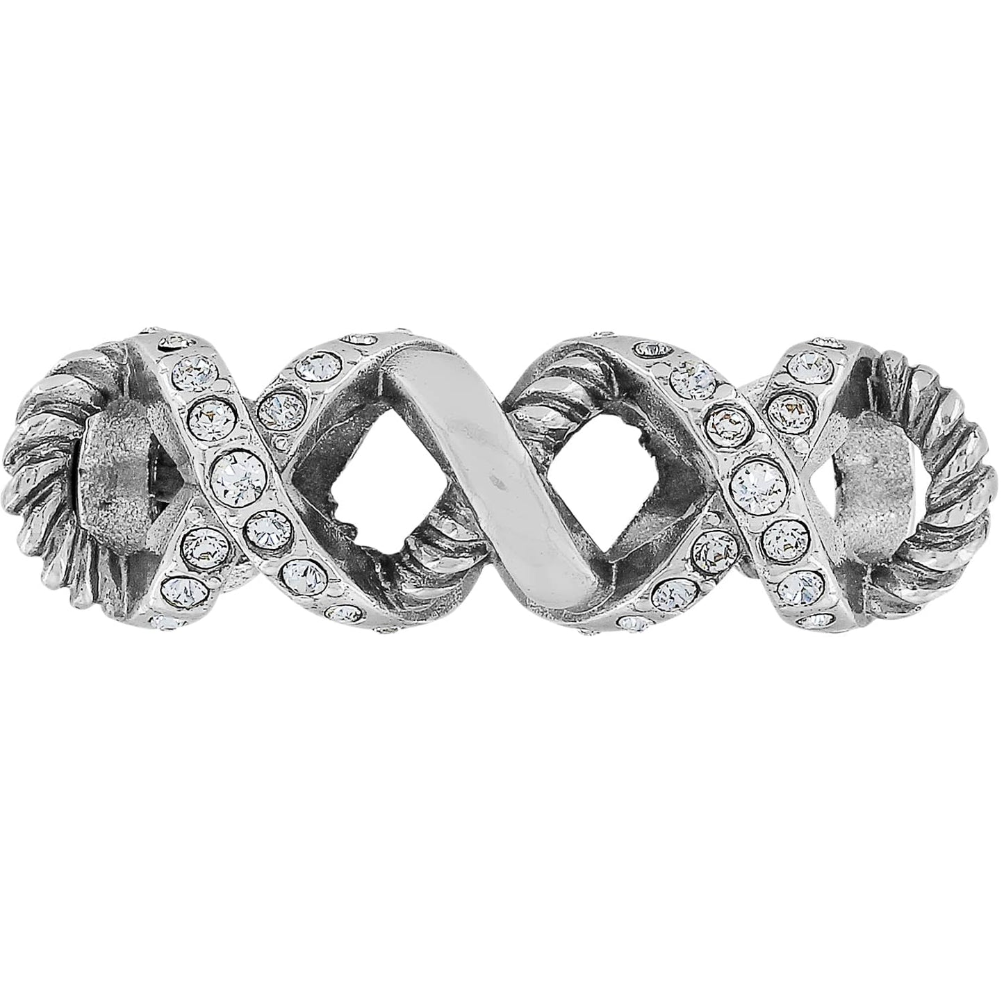 Brighton silver-plated band ring with twisted rope details and crystal-set crossover X motifs on a white background