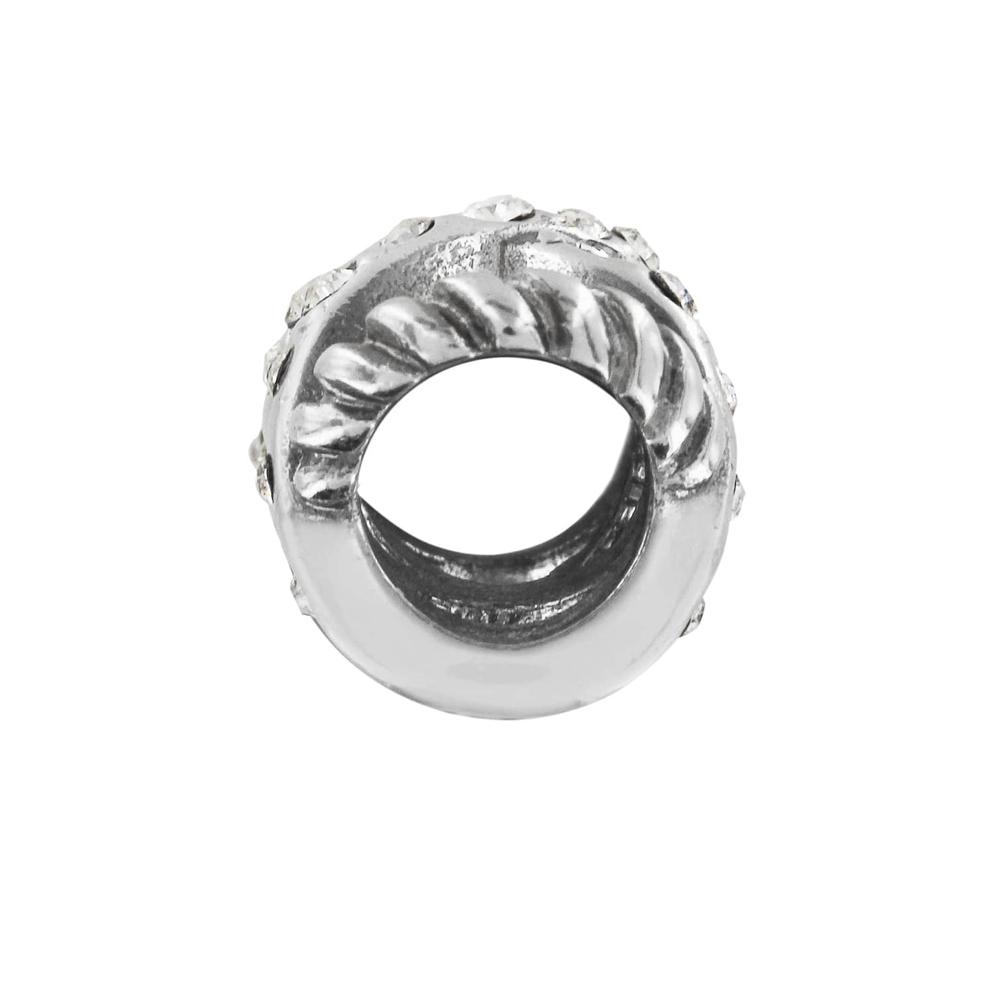 Brighton silver-plated spacer charm with twisted rope texture and crystal accents shown from the side on a white background
