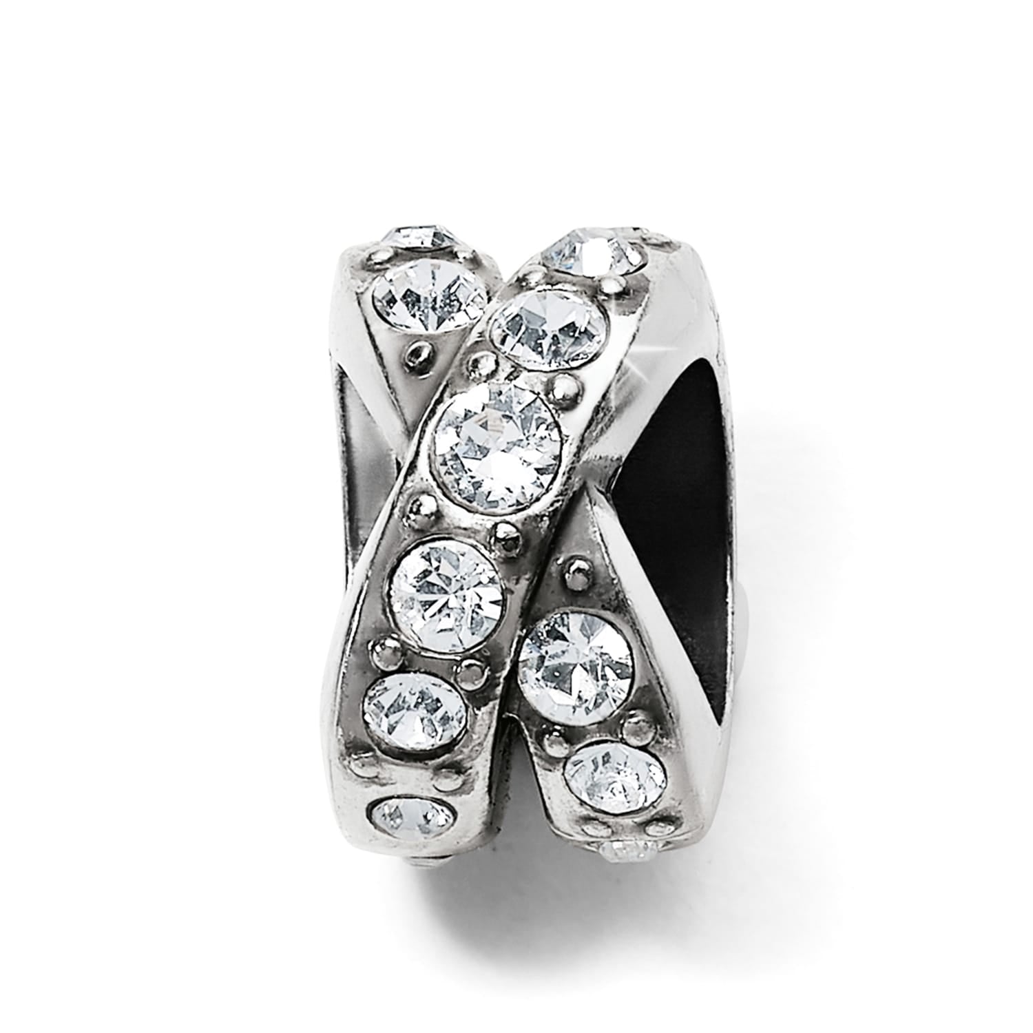 Brighton charm bead with silver-plated crossover design and clear crystal accents on a white background