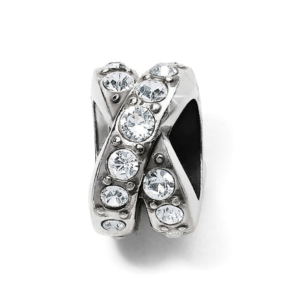 Brighton charm bead with silver-plated crossover design and clear crystal accents on a white background