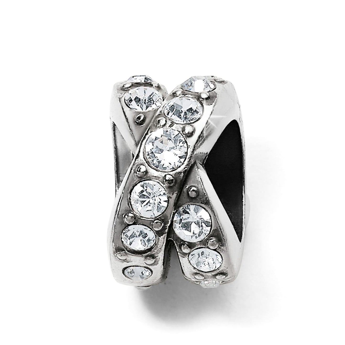 Brighton charm bead with silver-plated crossover design and clear crystal accents on a white background