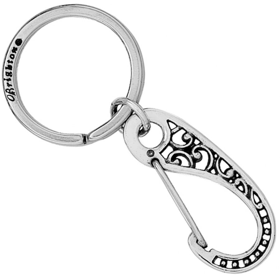 Brighton keychain with silver-plated scroll filigree clip and split ring featuring engraved logo on a white background