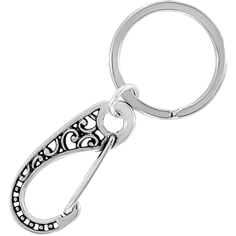 Brighton keychain with silver-plated ornate scrollwork clip and split ring on a white background